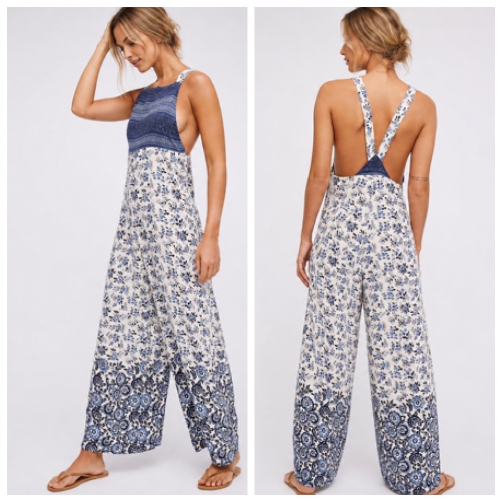 Spell & The Gypsy Elle Bohemian Pantsuit Indigo Floral Wide Leg Jumpsuit XS